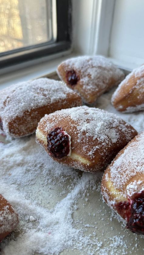 Cream & Jam Filled Doughnuts • Red Currant Bakery Aesthetic Beignets, Red Currant Bakery, Jam Desserts, Baking Icon, Cream Filled Donuts, Raspberry Compote, Desserts Aesthetic, Jam Donut, Donut Dessert