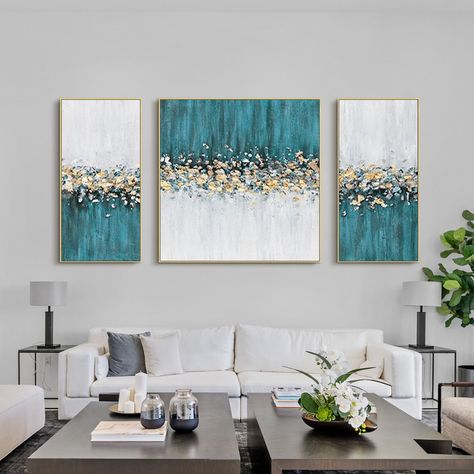 Paintings For Wall Decor, Emerald Painting, Blue Painting Canvas, Teal Artwork, Paintings For Wall, Teal Wall Decor, Teal Painting, Art Gold Leaf, Wall Art Gold Leaf