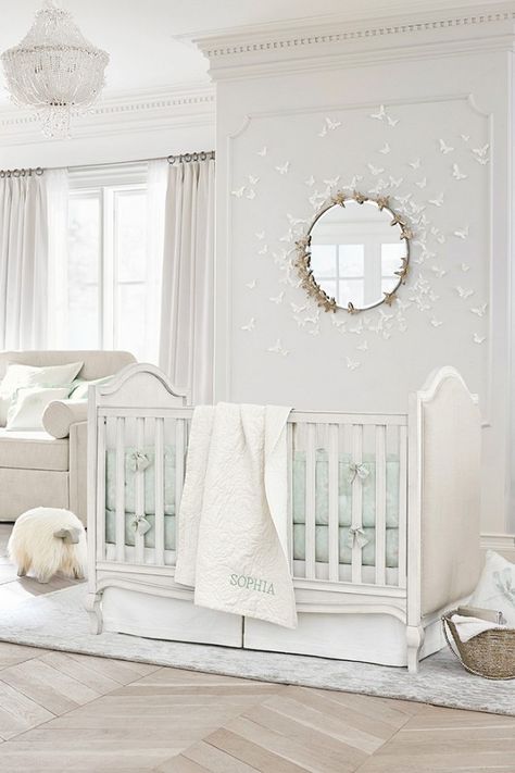 Monique Lhuillier Pottery Barn Kids, Pottery Barn Kids Nursery, Pottery Barn Nursery, Pottery Barn Baby, Elegant Nursery, Chandelier Picture, White Crib, Nursery Room Design, Girl Nursery Room