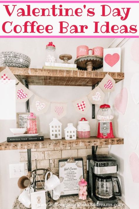 Cute and festive Valentine's Day Coffee Bar Decor Ideas. Free Valentine's Day prints. inexpensive coffee bar decor. Rustic Coffee Station, Organized Coffee Station, Diy Coffee Station, Coffee Station Kitchen, Coffee Bar Ideas, Coffee Bar Decor, Bar Inspiration, Home Coffee Stations, Home Coffee Bar