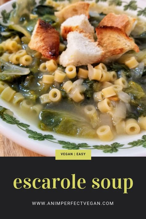 Delicious, nutrient-packed, simple one-pot Escarole Soup #vegan #easy #healthy Escarole Recipes Soups, Vegan Escarole Recipes, Chicken Escarole Soup, Escarole And Bean Soup, Escarole And Beans, Escarole Recipes, Escarole Soup, Soup Party, Pastina Soup