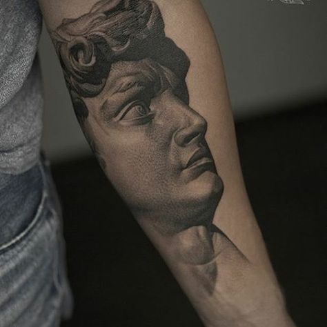 Head Of David Tattoo, Marble Statue Tattoo Design, Michael Angelo David Tattoo, David Head Tattoo, Inkpedia Tattoo, David Statue Tattoo Design, David Tattoo Michelangelo, David Statue Tattoo, David Tattoo Design