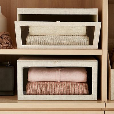 How to get an organized, marie kondo closet in just 5 steps #theeverymom organization easy organization cleaning closet hacks Sweater Box, Closet Storage Bins, Organized Closet, Tea Organization, Sweater Storage, Organization Products, Small Closets, Small Closet, Closet Rod