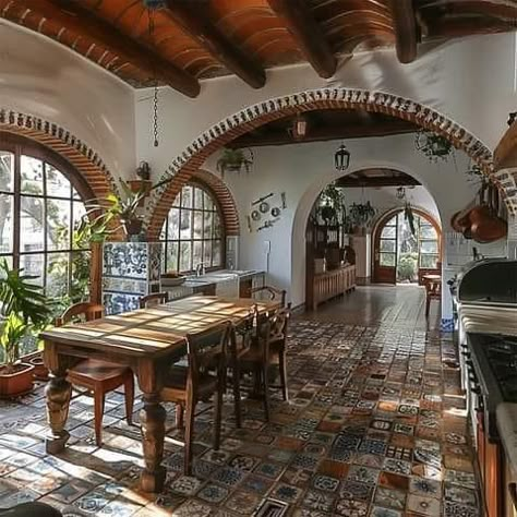 South Western Aesthetic, Spanish Sunroom, Mexican Ranch Style Homes, Hacienda Style Homes Mexican Kitchen, Mexican House Aesthetic, Spanish Villa Interior, Traditional Mexican House, Hacienda Style Homes Interiors, Mexican Style House