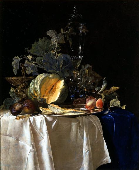 Still life with fruit and a crystal vase by Willem van Aelst | Artworks | Uffizi Galleries Still Life With Fruit, Dutch Still Life, Vase Deco, Baroque Painting, Still Life Images, Bo Bartlett, Dutch Golden Age, Still Life Fruit, Johannes Vermeer