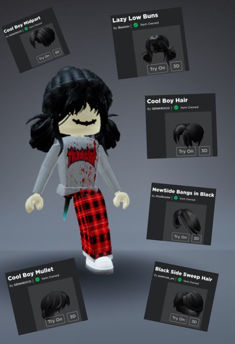 Hair Combos Roblox Girl, Roblox Hair Combos, Emo Girl Hair, Emo Boy Hair, Outfit Ideas Emo, Emo Outfit Ideas, Roblox Hair, Emo Fits, Hair Roblox