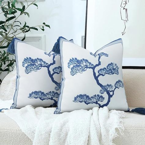 Amazon.com: French Blue Tree Throw Pillow Cover Blue Floral Decorative Toile Throw Pillow Covers 18X18 In Set of 2 Art Print Pillowcase with Tassels Farmhouse Square Vintage Cushion Covers for Home Sofa Bedroom : Home & Kitchen French Country Pillows, Toile Pillows, Blue White Decor, Blue Toile, Vintage Cushions, Printed Pillowcases, Garden Pillows, Cover Blue, Home Sofa