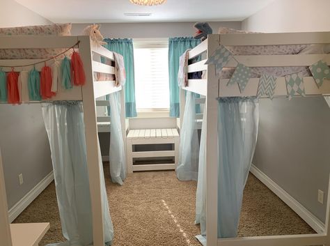 Two Loft Bed Ideas For Small Rooms, Bed Ideas For Two Sisters, Teen Shared Bedroom Loft Beds, 2 Twin Loft Beds In Small Room, Turn Twin Bed Into Loft Bed Diy, 2 Loft Beds For Small Rooms, Two Loft Beds In One Room Kids, Loft Bed Shared Room Bedroom Ideas, Two Twin Loft Beds In One Room