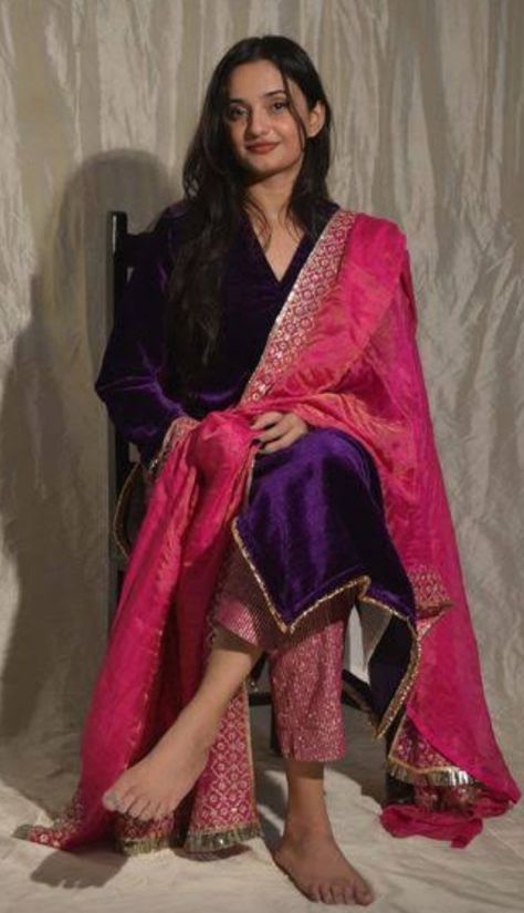 Velvet Contrast Suits, Velvet Kurta Set, V Neck Kurta, Contrast Dupatta, Purple Plain, Velvet Kurta, Monday Outfit, Lehnga Dress, Anarkali Dress Pattern