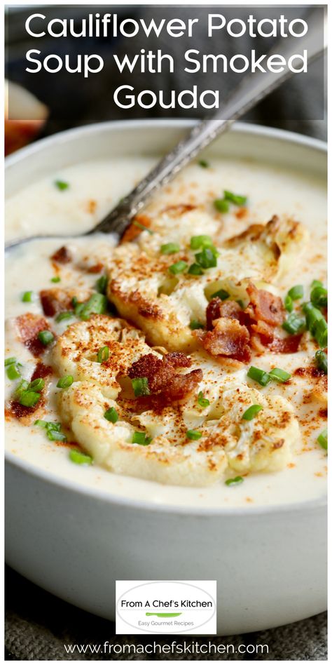 Cauliflower Potato Soup with Smoked Gouda is creamy and comforting with a touch of smoky flavor. It's a soup everyone will love! #soup #souprecipes #cauliflower #potato #cheese Cauliflower And Potato Soup, Cauliflower And Potato, Cauliflower Potato Soup, Cauliflower Potatoes, Potato Chowder, Smoked Gouda Cheese, Potato Cheese, Whole Roasted Cauliflower, Smoked Cheese