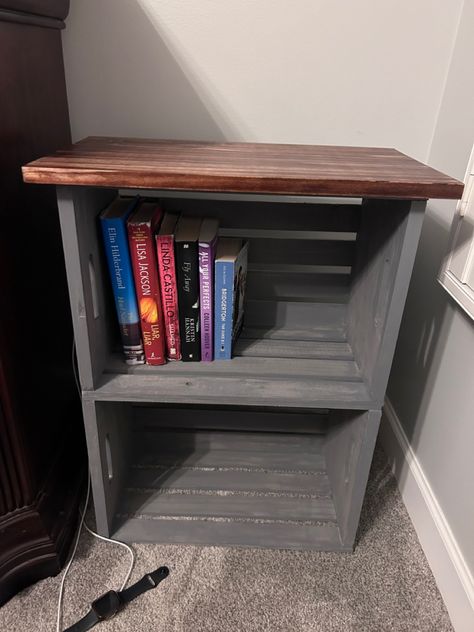 Love my new crate table I made! Crate Nightstand Diy, Crate Side Table Bedroom, Wood Crate Nightstand Diy, Crate Bedside Table, Wood Crate Bedside Table, Bookshelf Made From Crates, Wooden Crates Bookshelf, Wooden Crate Shelves, Crate Nightstand