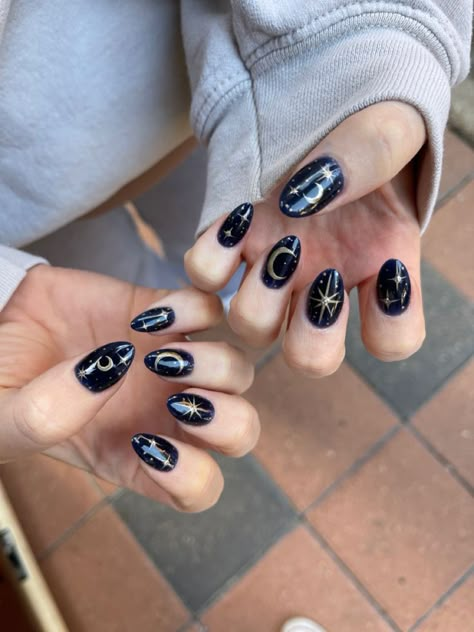 Night Nail Art, Taylor Swift Nails, Aries Women, Witch Nails, Navy Blue Nails, Witchy Nails, Designs For Short Nails, Sky Nails, September Nails