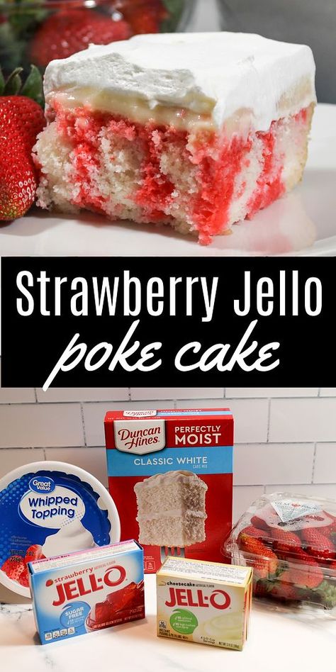 Experience the twist on a classic with this Strawberry Jello Poke Cake featuring a cheesecake layer. It's an easy-to-make, delicious dessert that brings together the best of both worlds. Strawberry Cheesecake Poke Cake, Strawberry Jello Poke Cake, Cheesecake Poke Cake, Jello Cake Recipes, Jello Poke Cake, Poke Cake Jello, Strawberry Poke Cakes, Dessert Oreo, Jello Cake