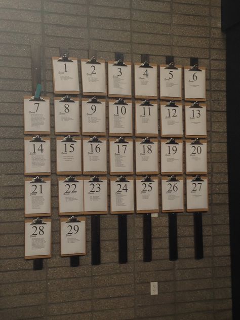 Clipboard calendar wall Bulletin Board With Clipboards, Calendar Office Wall, Clipboard Office Wall, Calendar Holder Wall, Clipboard Calendar, Office Calendar Wall Ideas, Glass Wall Calendar, Clipboard Wall, Calendar Bulletin Boards