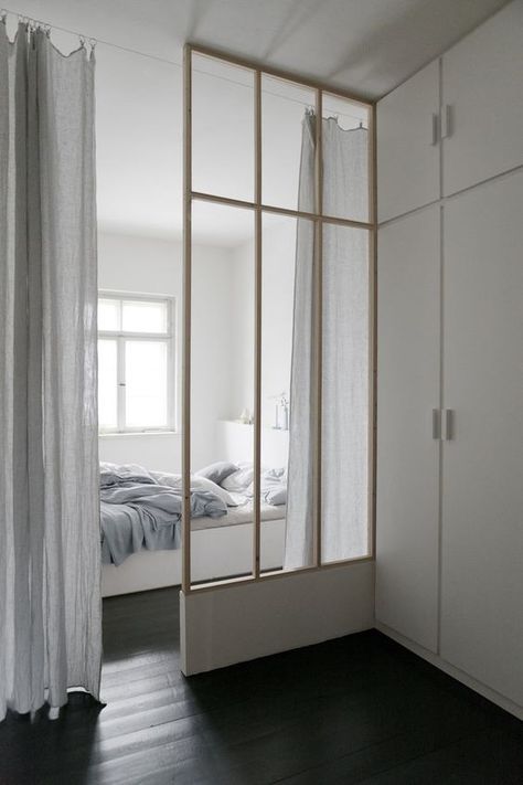 9 Amazing Bedroom Divider Closet Ideas To Maximize Your Space - Room Division Ideas, Bedroom Divider, Space Bedding, Bedroom Corner, Room Divider Walls, Minimalist Bedroom Design, Bed In Closet, Tiny Bedroom, Loft Conversion