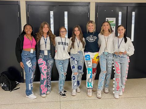 Custom College Painted Jeans, Class Of 2023 Jeans, Decision Day Jeans, Senior Jeans Painted 2023 Ideas, High School Jeans Painted, Senior Year Homecoming Dresses, Senior Pants 2024, Painted Jeans College, Class Jeans Painted