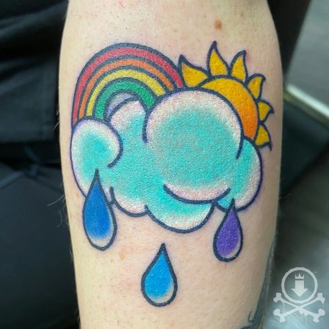 Cloud Rainbow Tattoo, Sun And Rainbow Tattoo, Rainbow And Umbrella Tattoo, Rainbow Saturn Tattoo, Traditional Rain Cloud Tattoo, Cloud With Rainbow Tattoo, Rainbow After Rain Tattoo, Rainbow Tattoo, Rain Tattoo