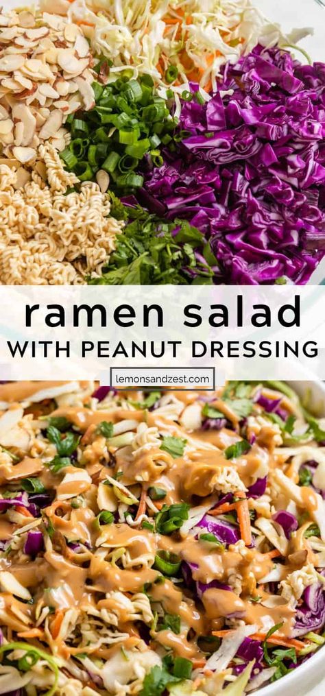 Simple and delicious, this Ramen Cabbage Salad packs in all the crunch! Chopped cabbage, ramen noodles, almonds and more make this crisp salad one that everyone will love. An easy peanut dressing to top it all off! Ramen And Cabbage Salad, Cabbage Peanut Salad, Peanut Cabbage Salad, Raman Noodles Cabbage Salad, Cabbage Ramen, Brocolli Slaw Salad, Cabbage Salads, Ramen Cabbage Salad, Thai Crunch Salad