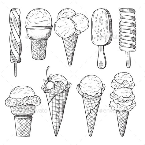 Hand Drawn Illustrations Set of Ice Creams Ice Cream Drawing, Ice Cream Tattoo, Cream Drawing, Cupcake Coloring Pages, Ice Cream Illustration, 심플한 그림, Summer Drawings, Ice Cream Art, Fruits Drawing