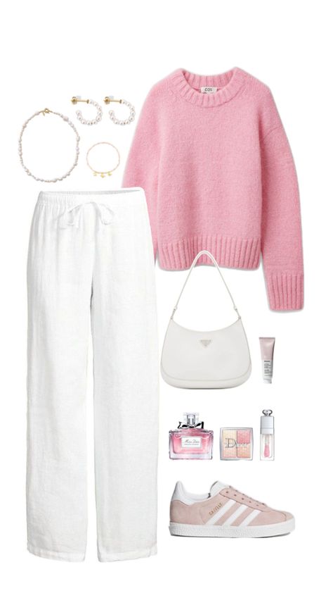 Pink outfit idea, fashion inspiration, pink gazelle, white linen pants, pink sweater, miss dior, spring, pearl jewells Pink Combo Outfits, Pink Sweater Outfit Aesthetic, Pink Crewneck Outfit, Light Pink Sweater Outfit, Basic Outfits Winter, Light Pink Outfit, Pink Gazelle, Pink And White Outfit, Outfit Rosa