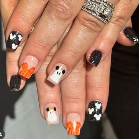 Disney Halloween Nails - Onceuponamotherhood: simplifying digital product marketing, Pinterest growth, all things motherhood and everything Disneyland Disney Mickey Halloween Nails, Disney World Nails Halloween, Disney Nails October, Nightmare Before Christmas Nails Oogie Boogie, Ghost Mickey Nails, Mickey Mouse Ghost Nails, Mickey Disney Nails, Halloween Nails Mickey, Mickey Nails Halloween