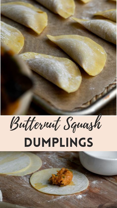 Butternut Squash Dumplings Butternut Squash Dumplings, Squash Dumplings, Greens Recipes, Miso Sauce, Mushroom Rice, Dumpling Wrappers, Butternut Squash Recipes, Mushroom Sauce, Winter Squash