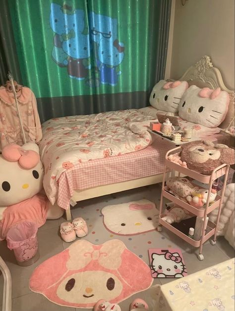 #aesthetic #sanrio #kpop #chinese #korean #yellow #blue #pink #bedroom Blue Pink Bedroom, Hello Kitty Room Aesthetic, Cosy Bedroom Decor, Korean Bedroom Ideas, Sanrio Bedroom, Aesthetic Sanrio, Hello Kitty Room Decor, Hello Kitty Bedroom, Hello Kitty Rooms