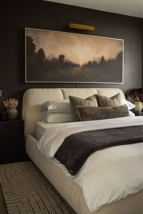 White Walls Moody Bedroom, Bedroom Inspirations Masculine, Organic Modern Bedroom Wall Art, Moody Modern Bedroom Ideas, Romantic Transitional Bedroom, Dark Moody Masculine Bedroom, Moody Calm Bedroom, Dark Modern Organic Bedroom, Moody Spring Bedroom