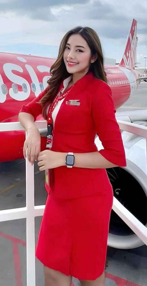 Hostess Uniform, Air Hostess Uniform, Stewardess Uniform, Flight Attendant Uniform, Air Asia, Feminine Skirt, Air Hostess, Flight Crew, Batik Fashion