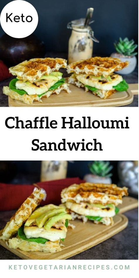 Enjoy a hearty keto vegetarian lunch with halloumi and avocado chaffle sandwich. Avocado Toast Chaffle, Keto Halloumi Recipes, Avocado Chaffle, Halloumi Sandwich, Halloumi Avocado, Chaffle Sandwich, Keto Sandwiches, Haloumi Recipes, Keto Chaffle Recipes