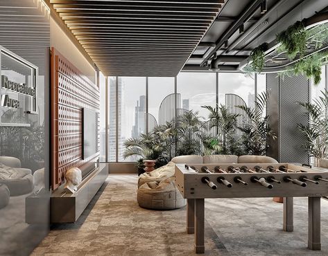 Recreational Area Design on Behance Multipurpose Room Design, Office Lounge Area Design, Office Lounge Area, Modern Game Room, Dubai Villa, Lounge Room Design, Clubhouse Design, Recreational Area, Gaming Lounge