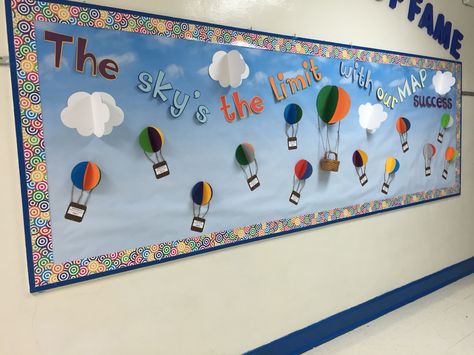 Soaring To Success Bulletin Board, Cloud Theme Bulletin Board, Cloud Bulletin Board Ideas, Hot Air Balloon Classroom Theme Bulletin Boards, Hot Air Ballon Bulletin Board Ideas, Hot Air Balloon Door Decoration, Testing Bulletin Boards, Hot Air Balloon Classroom Theme, Balloon Door