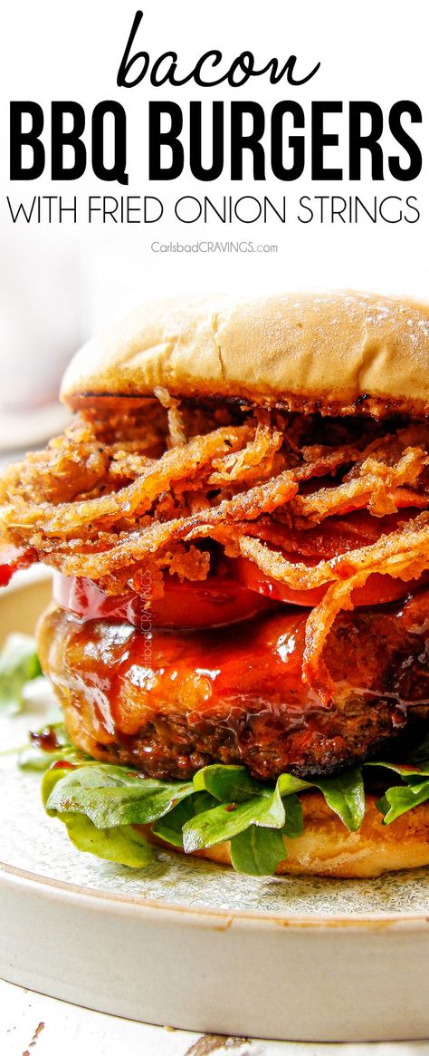 Fried Onion Strings, Bbq Burger Recipes, Barbecue Burgers, Onion Strings, Backyard Grill, Carlsbad Cravings, Bbq Burgers, Bbq Bacon, Bacon Burger