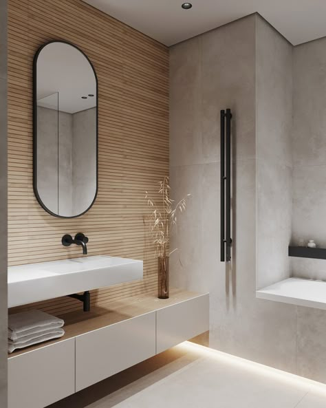 White And Wood Ensuite, Wooden White Bathroom, Bathroom Remodel Wood Wall, Grey White Wood Bathroom, Modern Wood Tile Bathroom, Grey With Wood Bathroom, Bathroom Ideas Wood And White, Natural Look Bathroom, Light Grey And Wood Bathroom