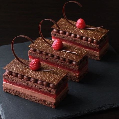 Chocolate Raspberry Ganache Cake, Raspberry Ganache, Opera Cake, Plating Ideas, Ganache Cake, Chocolate Chip Cheesecake, Individual Cakes, Individual Desserts, Gourmet Desserts