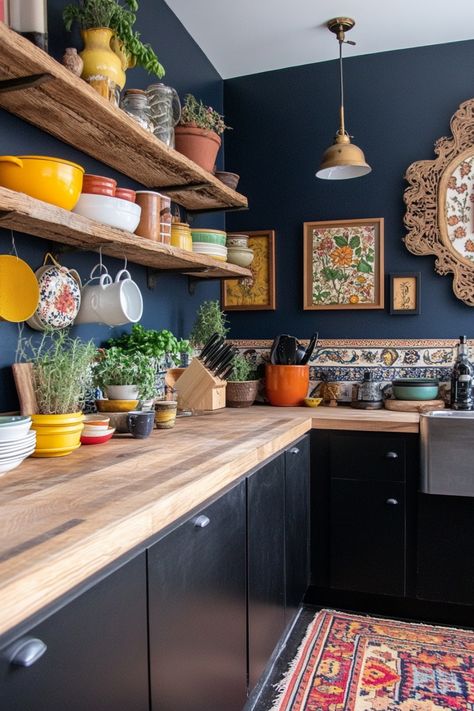 If you have a small kitchen and want to turn it into a moody space, then these tips and decor ideas are for you. Small Kitchen Colour Schemes, Moody Kitchens, Colorful Dishware, Moody Eclectic, Small Kitchen Colors, Modern Boho Kitchen, Cozy Kitchen Decor, Open Kitchen Cabinets, Flat Kitchen