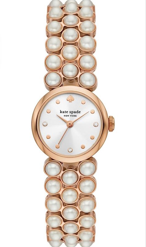 24mm case, 16mm band width, mineral crystal, Quartz movement with 3-hand analog display, imported. Cheap Gold Jewelry, Current Aesthetic, Kate Spade Designer, Pearl Watch, Kate Spade Watch, Apple Watch Bracelets, Round Watch, Twisted Bracelet, Amazing Watches