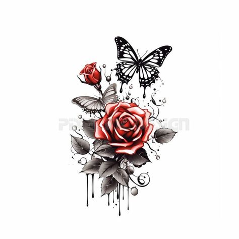 Rose With Scroll Tattoo, Rose And Butterfly Tattoo Design, Tattoo White Background, Roses With Butterflies, Rose And Butterfly Tattoo, Butterflies Tattoo, Unique Butterfly Tattoos, Tattoo White, Unique Tattoos For Women