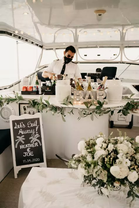 Boat Wedding Decorations Flower, Engagement Yacht Party, Yacht Wedding Decorating Ideas, Boat Wedding Reception Yachts, Rehearsal Dinner Boat Cruise, Small Boat Wedding Ideas, Wedding On A Boat Ideas, Yacht Rehearsal Dinner, Engagement Party Yacht