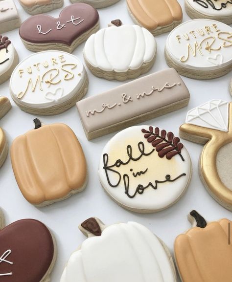 Fall Bridal Shower Cookies, Fall Bridal Shower Decorations, Fall Engagement Parties, Engagement Brunch, Autumn Bridal Shower, Wedding Shower Cookies, Fall In Love Bridal Shower, Autumn Bridal, Bridal Shower Inspo