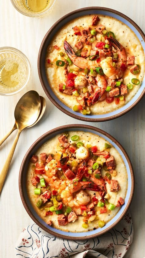 New Orleans Shrimp And Grits Shrimp And Gouda Grits Recipe, New Orleans Shrimp And Grits, Shrimp Boil Foil Packets, Shrimp And Polenta, New Orleans Shrimp, Fish Dishes Recipes, Shrimp And Scallop Recipes, Nola Recipes, South Recipes