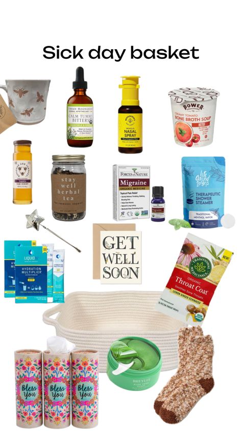 Created by roseyredhead on Shuffles Sick Gift Basket, Gift Basket For Him, Sick Gift, Bone Broth Soup, Gift Baskets For Him, Sick Day, Nasal Spray, Shower Steamers, Bone Broth