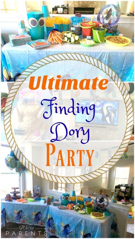 ultimate finding dory party - finding dory birthday party ideas - finding nemo party ideas Finding Dory Birthday Party, Dory Birthday Party, Finding Dory Party, Finding Dory Birthday, Food And Desserts, Nemo Birthday Party, Dory Birthday, Dory Party, Nemo Party