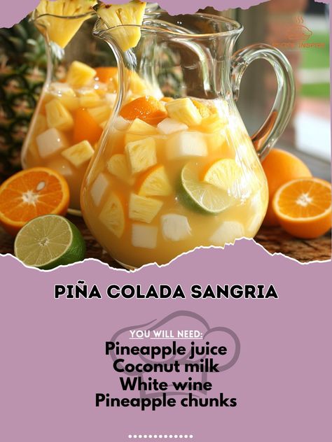 🍹 "Piña Colada Sangria—a tropical twist on sangria with pineapple and coconut flavors. Perfect for summer gatherings! 🍍🍹 #Sangria #TropicalDrinks" Piña Colada Sangria Ingredients: White wine (1 bottle, 750 ml) Pineapple juice (1 cup) Coconut milk (1/2 cup) Pineapple chunks (1 cup) Orange slices (1/2 cup) Lime slices (1/2 cup) Rum (1/4 cup, optional) Ice (as needed) Instructions: In a large pitcher, combine white wine, pineapple juice, and coconut milk. Add pineapple chunks, orange slices,... Sangria Ingredients, Summer Gathering, Best Cookie Recipes, Orange Slices, Pineapple Juice, Classic Dishes, Pina Colada, Sangria, No Bake Cookies