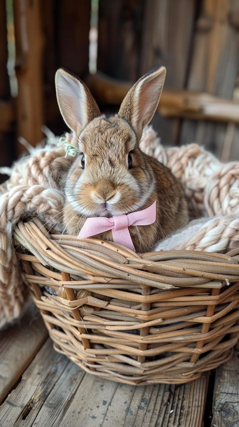 "Bunny in Basket: Adorable brown bunny with a pink bow sits comfortably inside a #wovenbasket on a wooden surface. #cutebunny #adorablepet #petphotography #digitalart #artificialintelligence #creativephotos ⬇️ Download and 📝 Prompt 👉 https://stockcake.com/i/bunny-in-basket_425888_77715" Bunny In Basket, Cutest Bunny Ever, Wooden Backdrops, Bunny Blanket, Brown Bunny, Black Bunny, Rustic Backdrop, Fluffy Bunny, Bunny Basket