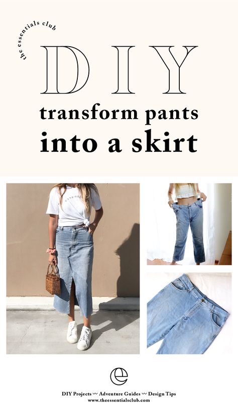 Make what you can and ethically source the rest!  Welcome to The Essentials Club tutorial channel which is all about sharing the steps to become more resourceful and creative with crafting your own minimal, conscious wardrobe.   This DIY tutorial takes you through the steps of how to transform and sew an old, oversized pair of mens pants into a skirt! Jeans To Skirt Diy, Pants To Skirt, Diy Jean Skirt, Jeans Into Skirt, The Essentials Club, How To Make Jeans, Altering Jeans, Jean Diy, Jeans Refashion