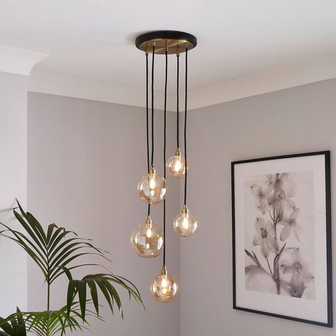 Landing Lighting Ideas, Landing Lighting, Stair Landing Decor, Staircase Pendant Lighting, Staircase Lighting Ideas, Long Pendant Lights, L Shaped Sofa Designs, Light Cluster Pendant, Sofa Couch Design