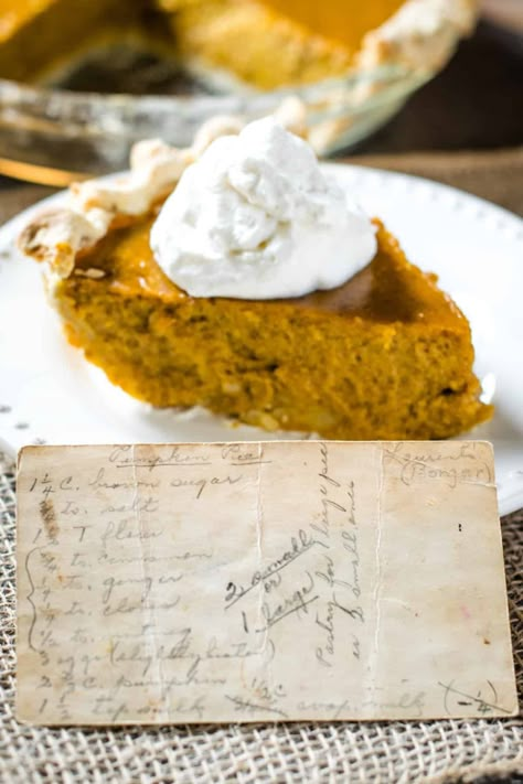 Learn how to make old-fashioned pumpkin pie from my Grandma's recipe box. You can make it with canned or fresh pumpkin. It's a classic, family favorite Thanksgiving dessert! Old Fashioned Pumpkin Pie Recipe, Fresh Pumpkin Pie Recipe, Old Fashion Recipe, Traditional Pumpkin Pie Recipe, Pumpkin Pie From Scratch, Classic Pumpkin Pie Recipe, Easy Thanksgiving Dessert Recipes, Fresh Pumpkin Pie, Best Pumpkin Pie Recipe