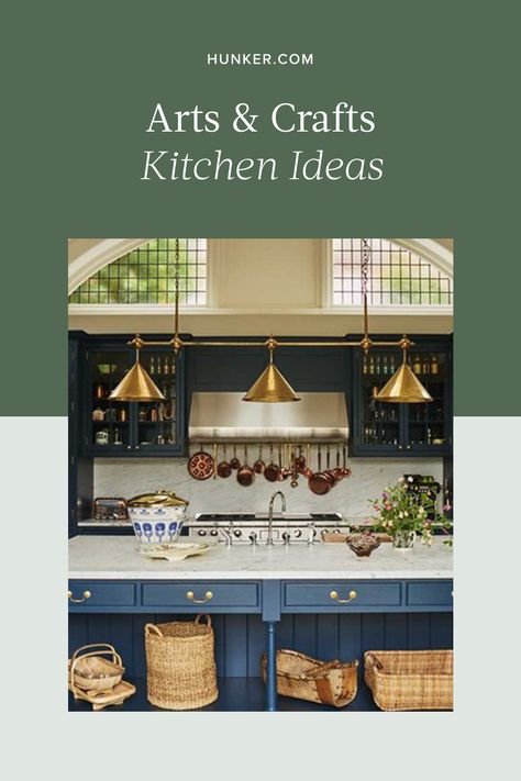 Looking for cooking space inspiration? If you're a fan of good design, natural materials, and handcrafted elements, arts and crafts kitchens will likely be great reference points for you. Find out more about how you can incorporate their original vision into your own home with these arts and crafts kitchen ideas. #hunkerhome #artsandcrafts #kitchen #kitchenideas #kitcheninspo Arts And Craft Kitchen, Arts And Crafts Kitchen Craftsman Style, Arts And Crafts Movement Interior, Arts And Crafts Homes Interior, Arts And Crafts Decor, Arts And Crafts Interior Design, Arts And Crafts Kitchen, Hampshire House, Arts And Crafts Interiors