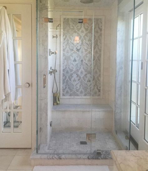 white mixed media design tile showers | 17 Best ideas about Shower Tile Designs on Pinterest | Bathroom tile ... Blue Marble Master Bath, Coastal Bathroom Ideas Beach Themes Master Bath, Queens Throne, Shower Interior, Beautiful Master Bathrooms, Redesign Ideas, Shower Tiles, Bathroom Farmhouse, Bath Renovation